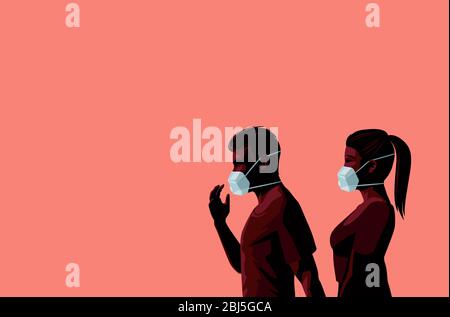 A couple walking together wearing protective face masks in a Covid-19 Coronavirus pandemic outbreak. Space for text and messages. Vector illustration Stock Vector