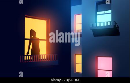A women silhouetted looking out of her illuminated apartment window at night during Covid-19 lockdown. self-isolation and lockdown due to coronavirus. Stock Vector