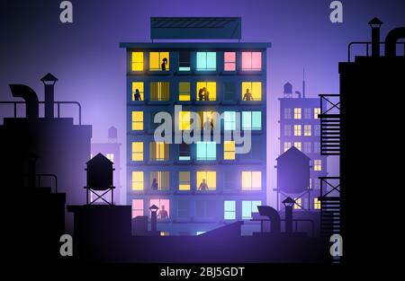 People looking out of windows in a city apartment block. Urban lifestyle at night. Vector illustration. Stock Vector