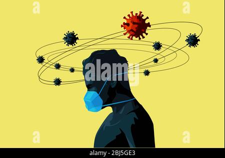 A man wearing a medical face mask thinking about a solution for the covid-19 coronavirus outbreak. Vaccine, global health concept. Vector illustration Stock Vector