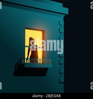 A silhouetted women looking outside her apartment window during Covid-19 lockdown. Self-isolation coronavirus vector illustration. Stock Vector