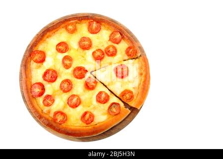 Pizza Margherita and removed slice, isolated on white Stock Photo