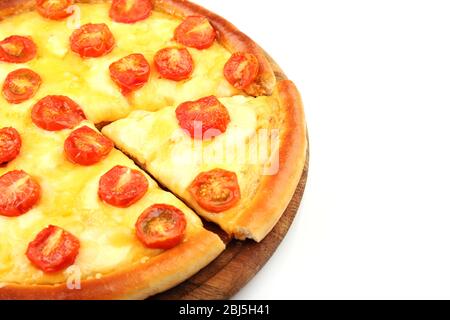 Pizza Margherita and removed slice, isolated on white Stock Photo