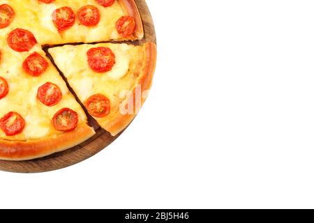 Pizza Margherita and removed slice, isolated on white Stock Photo