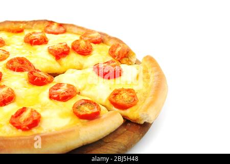 Pizza Margherita and removed slice, isolated on white Stock Photo