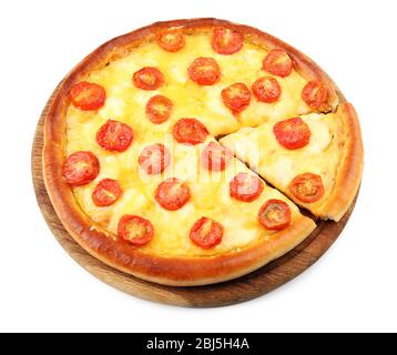 Pizza Margherita and removed slice, isolated on white Stock Photo