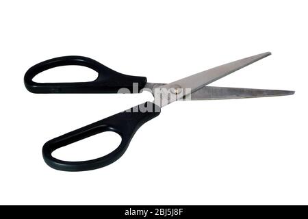 Hair cutting scissors with black handles isolate on white background. Stock Photo