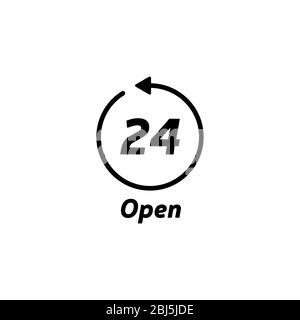 24/7 Service open 24h hours a day and 7 days a week. Flat isolated vector illustration in black on a white background. Stock Vector