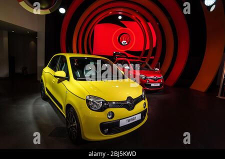 PARIS - SEPT 16, 2014: New car Renault Twingo at the company's stand during the atelier Renault Paris showroom. Avenue des Champs-Elysees, Paris, Fran Stock Photo