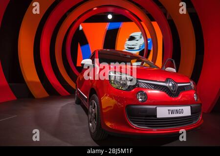 PARIS - SEPT 16, 2014: New car Renault Twingo at the company's stand during the atelier Renault Paris showroom. Avenue des Champs-Elysees, Paris, Fran Stock Photo