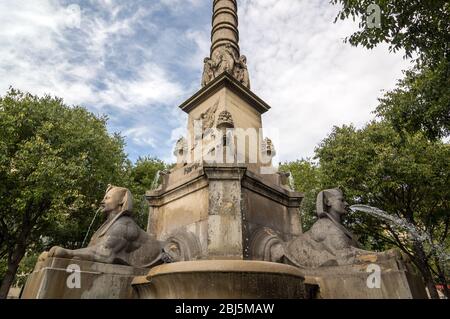 The Fontaine du Palmier or Fontaine de la Victoire is a monumental fountain located in the Place du Chatelet, Paris, France. It was designed to commem Stock Photo