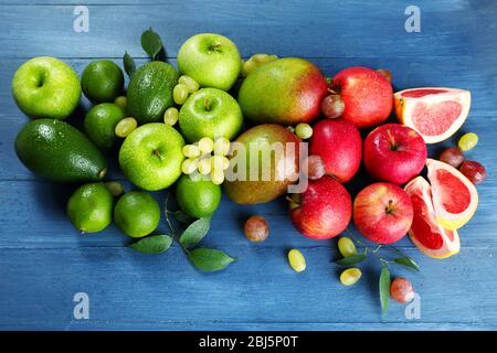Fruits on dark blue wooden background Stock Photo