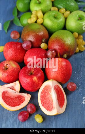 Fruits on dark blue wooden background Stock Photo
