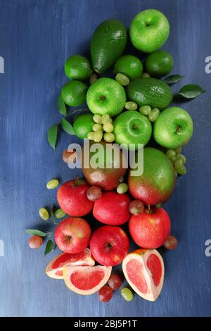 Fruits on dark blue wooden background Stock Photo