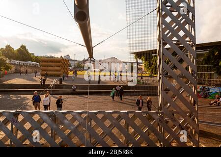 Tubular Living Spaces in Hiwa K’s ‘When We Were Exhaling’ Documenta 14, Kassel, Germany through the Auefenster Stock Photo