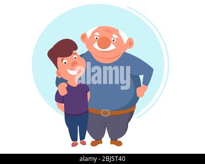 Grandfather hugging his grandsonbeing proud of him. Happy family concept. cartoon vector illustration Stock Vector