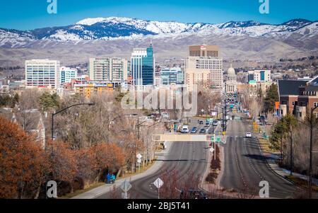 View of downtown Boise as seen from the Boise Train Depot in the winter. Stock Photo
