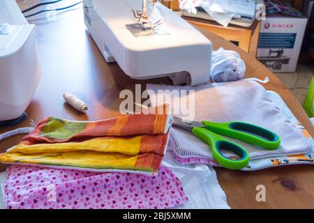 Sewing home-made face masks Stock Photo