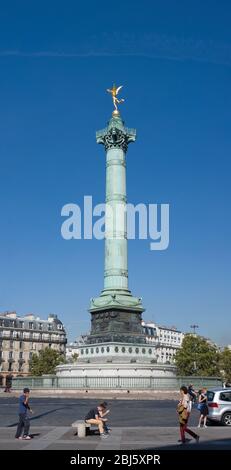 PARIS - SEPT 18, 2014: The July Column or Colonne de Juillet is a monumental column in Paris commemorating the Revolution of 1830. Located in Place de Stock Photo