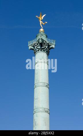 The July Column or Colonne de Juillet is a monumental column in Paris commemorating the Revolution of 1830. It stands in the center of the Place de la Stock Photo