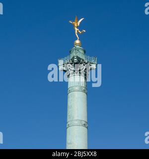 The July Column or Colonne de Juillet is a monumental column in Paris commemorating the Revolution of 1830. It stands in the center of the Place de la Stock Photo