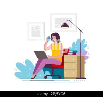 Young woman uses laptop and smartphone at home. Business vector illustration Stock Vector