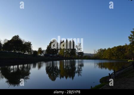 Trees perfectly reflected on placid blue water in a public park. Bagno di Romagna, Emilia Romagna, Italy Stock Photo