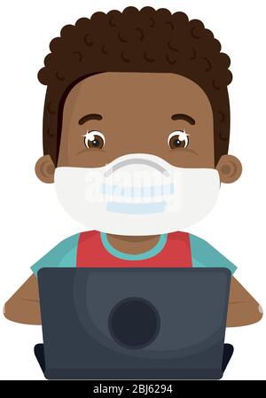 boy using face mask with laptop studying online Stock Vector