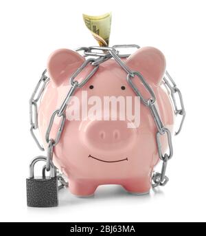 Piggy bank and chains isolated on white Stock Photo