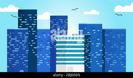 Skyscrapers, business buildings in the city center. Big business towers, buildings. Birds flying over the towers clouds and sky. Isolated flat vector Stock Vector