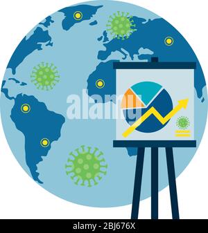 stock market variation by covid 19 with world planet and icons Stock Vector