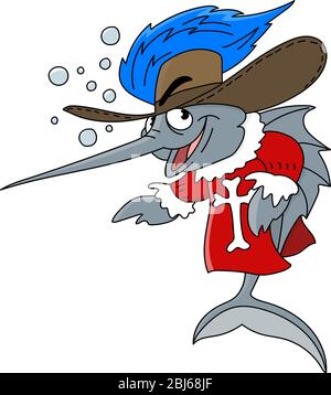 Cartoon sword fish dressed like a musketeer vector illustration Stock Vector