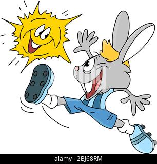 Cartoon rabbit playing soccer with sun shining above his head vector illustration Stock Vector