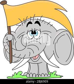 Cartoon elephant holding a yellow flag with his trunk vector illustration Stock Vector