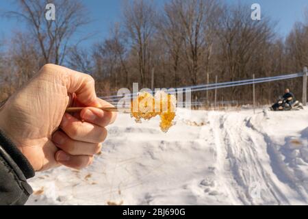 Fresh Maple Taffy with snow on a popsicle stick at a Sugar Shack Maple Syrup farm outside Montreal, Quebec, Canada Stock Photo