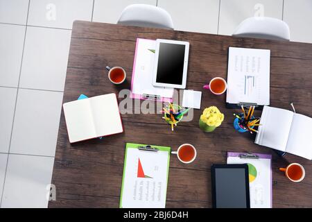 Office table for meetings, top view Stock Photo