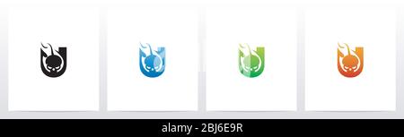 Flaming Skull On Letter Logo Design U Stock Vector