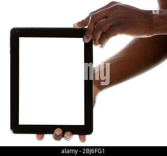 Male hands with tablet isolated on white background, close up Stock Photo