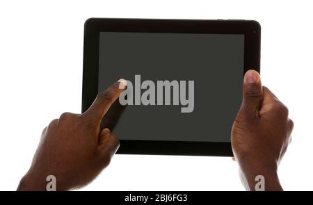 Male hands with tablet isolated on white background, close up Stock Photo