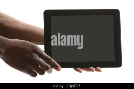 Male hands with tablet isolated on white background, close up Stock Photo