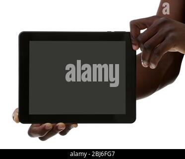 Male hands with tablet isolated on white background, close up Stock Photo