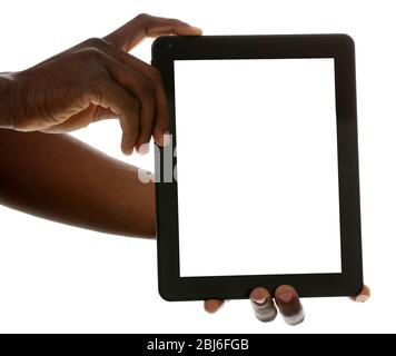 Male hands with tablet isolated on white background, close up Stock Photo