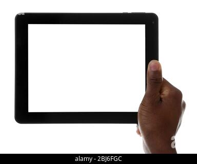 Male hands with tablet isolated on white background, close up Stock Photo