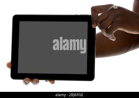Male hands with tablet isolated on white background, close up Stock Photo