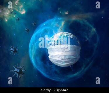 Earth in medical mask in outer space, concept of coronavirus in world and COVID-19 pandemic. Blue globe with protection and corona virus in star sky, Stock Photo