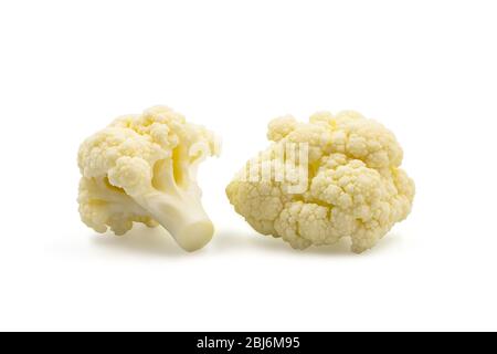 Two small pieces fresh organic cauliflower on white isolated background with clipping path. Cauliflower have high carbohydrate and fiber so crispy swe Stock Photo