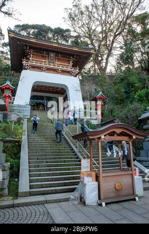 The staircase leading up to Enoshima Shrine. A Shinto shrine in Enoshima, Fujisawa, Kanagawa, Japan. Stock Photo