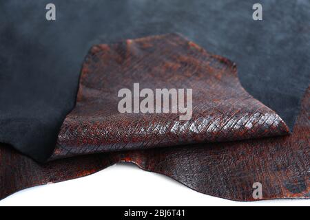 Black-brown leather front and wrong side texture, close-up Stock Photo
