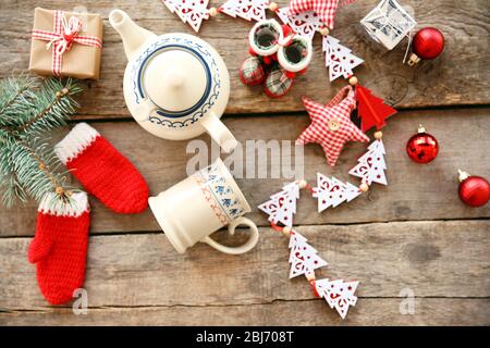 Christmas decorations on wooden background, close up Stock Photo