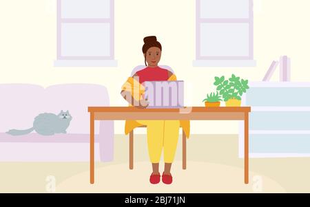 Freelancer girl with laptop at table. Stay work home concept. Stop outbreak and virus spread. Girl studying, drinking coffee. Homeliness with a cat, student cartoon character. Vector illustration Stock Vector